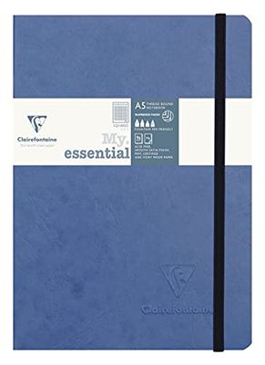 Clairefontaine 793423C - Age Bag Collectie Blauw Elastisch Gebonden Notitieboek My.Essential- A5 14,8x21cm -192 Genummerde Pagina's Vierkante Ruitjes -Ivoor Papier 90g - Glanzende Karton, Lederen Kaft