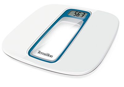 Terraillon Elektronische personenweegschaal, automatisch aan/uit, groot LCD-scherm, 160 kg, raam, wit/blauw