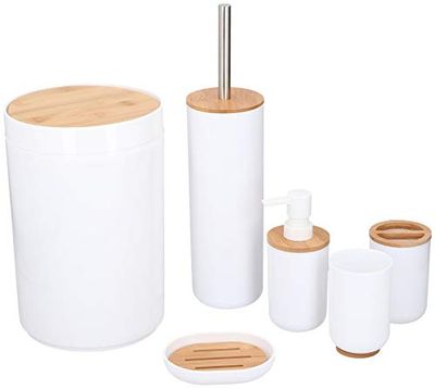 alpina Vit och naturlig bambu och plast trä badrumsset med toalettborsthållare, unikt