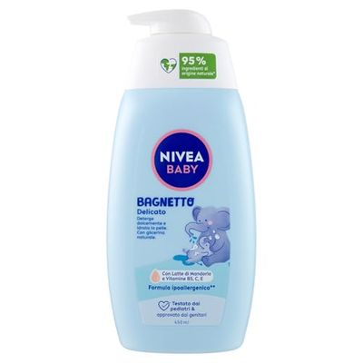 NIVEA BABY Delikat 450 ml babybad för skonsam och återfuktande rengöring, babybad med naturligt glycerin, mandelmjölk och vitaminer B5, C & E