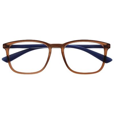 OPULIZE Max Occhiali da Lettura - Montatura Classica Rettangolare Grande - Marrone Opaco Trasparente con Stanghette Blu Navy - Uomo Donna Unisex - R78-2 - +1.50