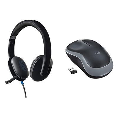 Logitech H540 Wired Headset, Stereo Headphone with Noise-Cancelling Microphone, Black & M185 Wireless Mouse, 2.4GHz with USB Mini Receiver, Grey