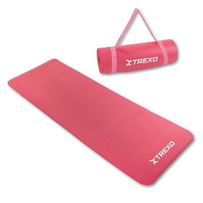 TREXO NBR - Colchoneta de ejercicio en color rosa, 183 x 61 cm, material de excepcional durabilidad y flexibilidad, 15 mm de grosor con textura antideslizante, completa con correa, ideal para el