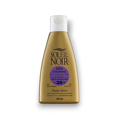 Soleil Noir - Soin Vitaminé SPF 30 Haute Protection 3 Filtres UVA et UVB - Peaux Claires - Vitamines A, C, E, Aloé Vera - Fabrication Française - Flacon avec Capsule Service, 50 ml