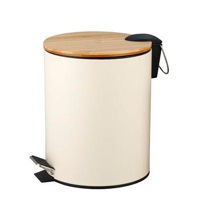 Amig - Poubelle de salle de bain à pédale 3 litres Mod. Naturline - Couleur blanche et bambou - Ouverture hygiénique sans contact - Ø16,8 x 23 cm - Acier inoxydable laqué