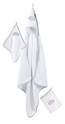 roba Set de Cuidado y Baño para Bebé - Happy Cloud - Juego de 3 Toallas con Capucha para Niños - Toalla + 2 Paño de Lavado - Motivo de Nubes - Blanco/Verde Menta