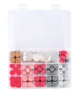 Rayher Cuentas de silicona para bebés, rosa, gris claro y blanco, caja de 61 piezas, 14860258