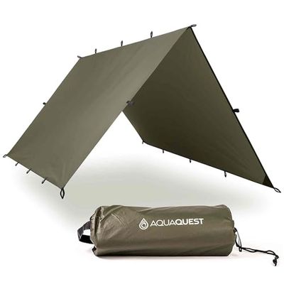 AQUAQUEST Defender Telo da campeggio impermeabile – robusto riparo per tende o parapioggia – escursionismo, bushcraft e amaca, 3 x 2 m, verde oliva