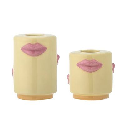 Bloomingville Sassy 82062194 Set of 2 Candle Holders for Taper Candles with Kiss Mouth in Yellow Stoneware 5 x 5 cm / 7 x 5 cm