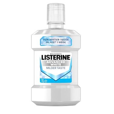 Listerine Advanced White Milder Taste (Zero Alcohol) Mouthwash (1000ml), Fluoride Mouthwash to Whiten and Protect from New Stains While Remineralising and Strengthening Teeth