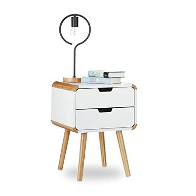 Relaxdays Mesinha de cabeceira com 2 gavetas, DM-bambu, branco, 55 x 40 x 40 cm
