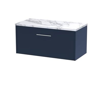 Hudson Reed JNU2925LCM Juno Modern Bathroom Wall Hung Single Soft Close Drawer Vanity Unit and Carrera Marble Laminate Worktop, 800mm, Midnight Blue