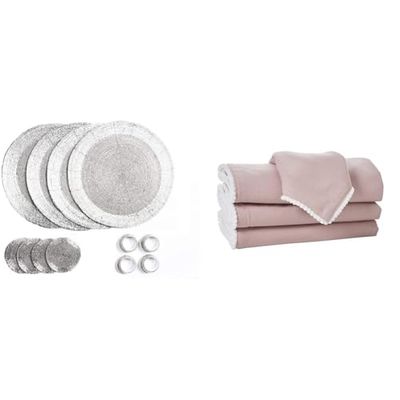 Penguin Home Set of 16 Beaded Placemat coaster Napkin rings and cotton Napkins - SILVER/POM POM DUSTY PINK