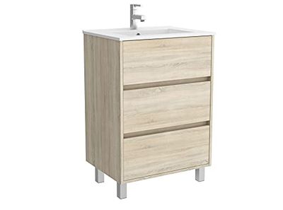 Conjunto Mueble baño 60 cm con Lavabo 100% montado de fábrica | Modelo Arenys acabado Madera Roble Caledonia a suelo 3 cajones cierre amortiguado con Lavabo porcelana blanca | Tiradores tipo uñero