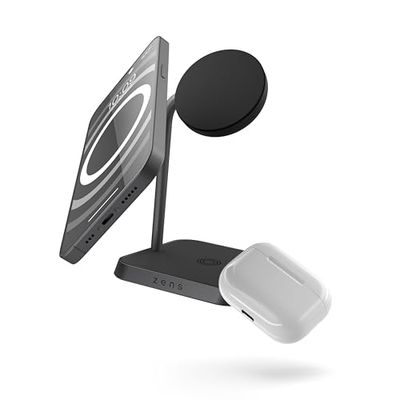 Zens Office Wireless Charger 2, Chargeur sans Fil de 15 W Compatible avec MagSafe et Qi pour iPhone 16,15,14,13,12 et AirPods, Adaptateur Secteur de 24 W (EU,UK,US) et câble intégré de 1,5 m, Noir