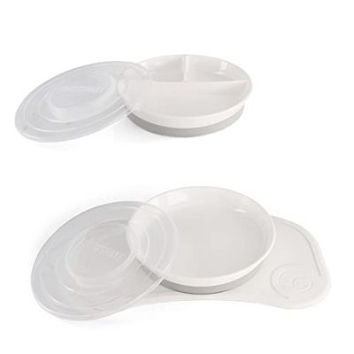 Twistshake Barnservis Set Mini + 3-Delad Tallrik | Click-Mat Mini (31x17cm) + Barntallrik + 3-Delad Tallrik | BPA-fri Tallrik och Bordsunderlägg | 3-delad Träningstallrik | 6+ Månader | Vit
