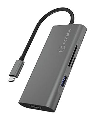 ICY BOX USB-C docking station (7-in-1) voor laptop, MacBook en tablet, 1x HDMI, 3-voudige USB 3.0 HUB, 100 W Power Delivery, kaartlezer, aluminium, antraciet