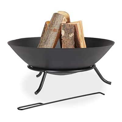 Relaxdays Brasero de Jardin, avec tisonnier, pour terrasse, H x D : 23 x 57 cm, Fonte et Acier, Vasque feu, Noir