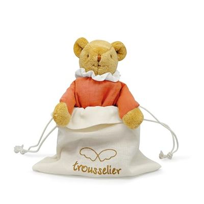 Trousselier – Doudou Bebe oso nido de ángel con sonajero – Oso de peluche de algodón orgánico color coral – Regalo de nacimiento recién nacido para niño niña – osito de 20 cm – Doudou nacido para bebé