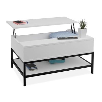 Relaxdays Coffee Table, Lift Function, HWD: 45.5 x 90 x 60 cm, Living Room Desk with Storage Space, Modern, Shelf, White, Fibreboard, 58 x 86.5 x 90 cm