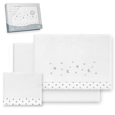 Interbaby - Juego Sabanas Cuna 60x120 Poliester 100% | Sabana Cuna Coralina, Cálida | Incluye Sabana Bajera, Encimera y Funda de Almohada | Ideal para Invierno | Estrella Luna Blanco/Gris