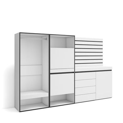 Skraut Home | Schoenenkast | Met 2 kleppen en 2 open vak | 227x145x35 cm | Voor slaapkamer, kamer | Open Kledingkast | Ladekast, Commode | Lamellenwand Hout | Moderne stijl | Wit