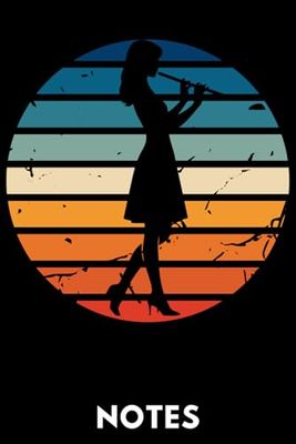 Flötistin Notizbuch im Vintage-Design – Musiker Geschenk: Perfektes Notizheft für Flötistinnen & Musikliebhaber – Stylische Silhouette vor bunten Streifen