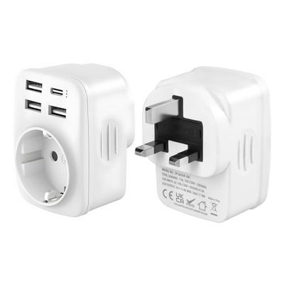 Adaptador Enchufe UK a Español Con 3 USB-A y 1 USB-C Para Reino Unido, Irlanda, Inglaterra, Escocia