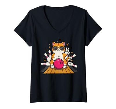 Donna Bowling Cat with Sunglasses and Pink Ball – Fun Design Maglietta con Collo a V