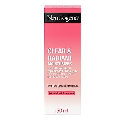 Neutrogena Clear & Radiant Moisturiser (1x 50ml), Daily Facial Cream for Dry Skin Prone to Blemishes, Uplifting Oil-Free Moisturiser with Pink Grapefruit Fragrance, for a Clearer, Radiant Skin