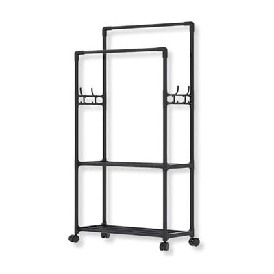 Parence.- Appendiabiti doppio con ripiani e ruote bloccabili - Doppia barra, doppi ripiani e 4 ganci laterali - 169cm