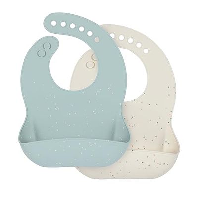 LÄSSIG Siliconen slabbetjes voor baby's (2 stuks), kleine kinderen, slabbetjes met opvangbak, vaatwasmachinebestendig, blauw/beige