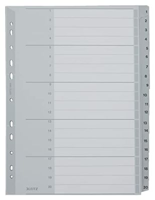 Leitz register för A4, kartong och 20 skiljeblad av plast, siffror med tryck 1–20, bredd, grå, 1284000