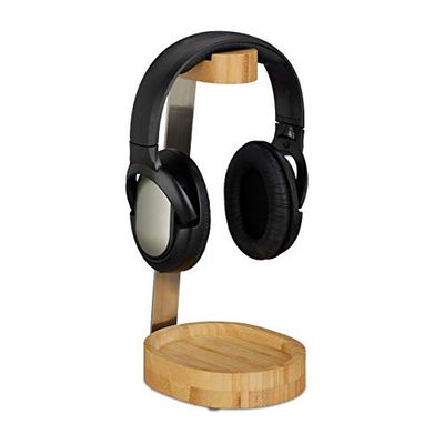 Relaxdays Support à Casque Audio, Bambou, Métal, Fixation pour écouteurs, Rangement, Design élégant, Naturel