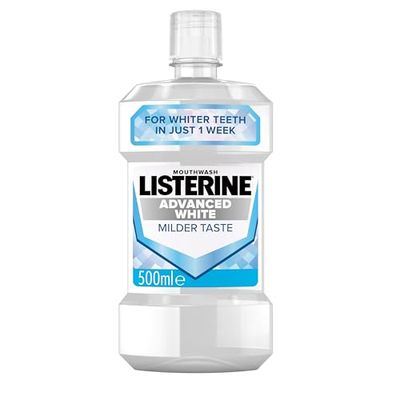 Listerine Advanced White Milder Taste (Zero Alcohol) Mouthwash (500ml), Fluoride Mouthwash to Whiten and Protect from New Stains While Remineralising and Strengthening Teeth