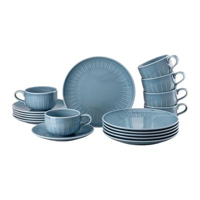 Rosenthal Joyn Denim Blue Service de 18 pièces en porcelaine, assiettes, tasses combinées et soucoupes, look léger et naturel, touche moderne et urbaine, passe au lave-vaisselle et au micro-ondes