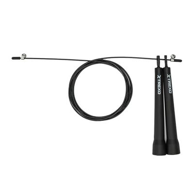 TREXO Basic + Comba para saltar fitness en negro con longitud ajustable hasta 300 cm, ideal para ejercicios cardiovasculares y de fitness, de polipropileno y acero, ligera y cómoda de usar con asas de