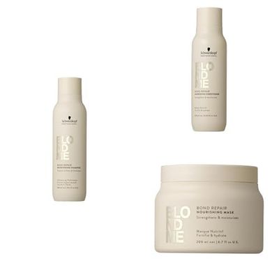 Schwarzkopf Professional BLONDME Bond Repair Ultimate Hair Care Bundle - Shampoo, Conditioner & Mask with Almond Oil & White Tea for Blonde Hair (300ml+250ml+200ml)