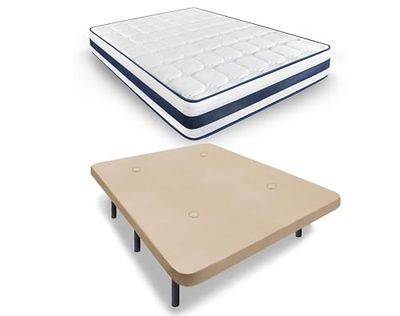 HOGAR24 ES | Base Tapizada en Tejido 3D Color Beige + Colchón Viscoelástico MultiCare Class | Incluye Juego de Patas de 25 cm | Medidas: 135x190 cm
