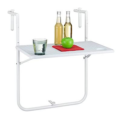 Relaxdays Table Balcon Suspendue, Rabattable, réglable en Hauteur sur 3 Niveaux, Aspect rotin, LxP 59,5 x 36 cm, Blanc