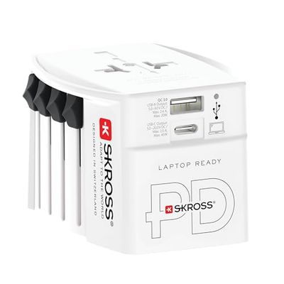 SKROSS -MUV USB AC45PD Con Cavo USB C (160cm) - Adattatore Universale da Viaggio a 2 Poli + 1x USB C & 1 x USB 45W - Tensione e Potenza: 100V - 250W/250V - 625W per PC portatili, Tablet e Smartphone