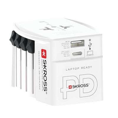 SKROSS -MUV USB AC45PD met USB-C kabel (160 cm) – 2-polige universele reisadapter + 1 x USB C & 1 x USB 45 W – spanning en vermogen: 100 V – 250 W/250 V – 625 W voor laptops, tablets en smartphones