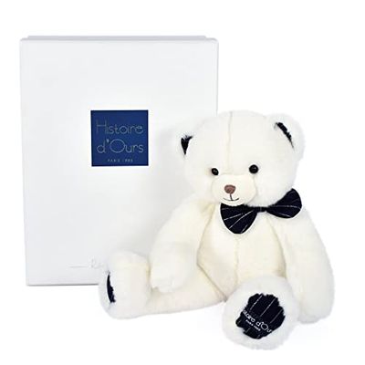 HISTOIRE D'OURS - Peluche Doudou Ours - Ivoire - 30 cm - Collection Preppy Chic - Idée Cadeau Enfants ou Naissance pour Bébé - Doudou Très Doux & Elégant - Boite Cadeau - HO3130