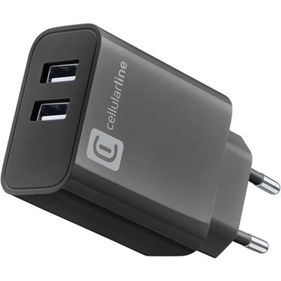 Cellularline - Caricabatterie MULTIPOWER 24W con due porte USB-A - Dotato di Tecnologia Device Detect: riconosce il telefono connesso ed eroga la Carica Corretta - Massima Sicurezza - Nero