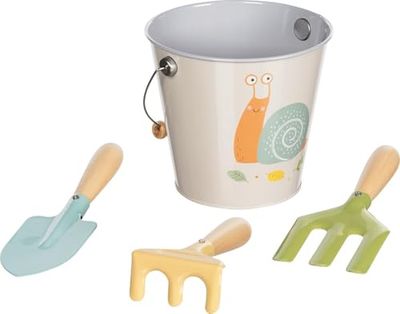 goki 63870 Caracol para jardineros Infantiles, Cubo con Pala, rastrillo y Tenedor de excavación – Colorida Herramienta de jardín Que promueve la imaginación y el interés por la Naturaleza, Madera y