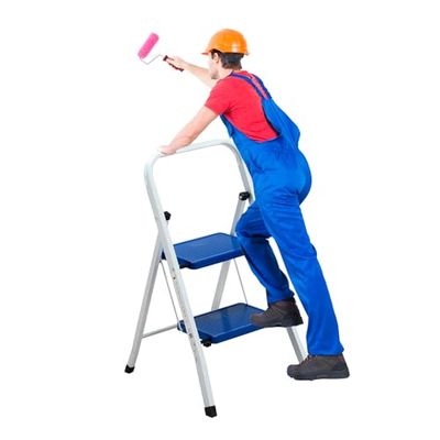 Avilia Taburete Plegable de 2 peldaños de Aluminio Blanco/Azul – Diseño Ahorra Espacio, Multiusos para Interior/Exterior – Estable, Ligero y portátil – Ideal para casa, Oficina, jardín – 80 x 36 x 80