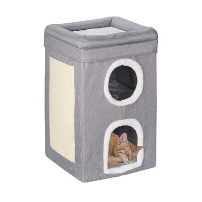 Relaxdays Niche pour Chat, 2 Trous et Surface, Maison Pliable avec griffoir, HLP : 63 x 40 x 40 cm, Gris/Blanc