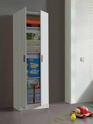 Dmora - Armadio multiuso 2 ante Salem, Mobile ausiliario, Porta scarpe con 3 ripiani, Scarpiera alta moderna, 59x37h180 cm, Bianco