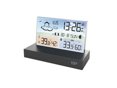 CGV | Station météo à écran plat METEOFLEX numérique sans fil avec capteur extérieur, hygromètre & thermomètre, phases de la lune et alerte neige, mise à jour automatique date et heure.