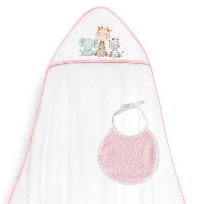 Interbaby - Capa de Baño Bebe Blanco/Rosa+ Babero | Toalla Bebe con Capucha 100% Algodón, 100x100cm, Unisex | Suave, Ideal Recién Nacidos, Bebes y Niños Pequeños | Diseño Jirafa Elefante Estampado